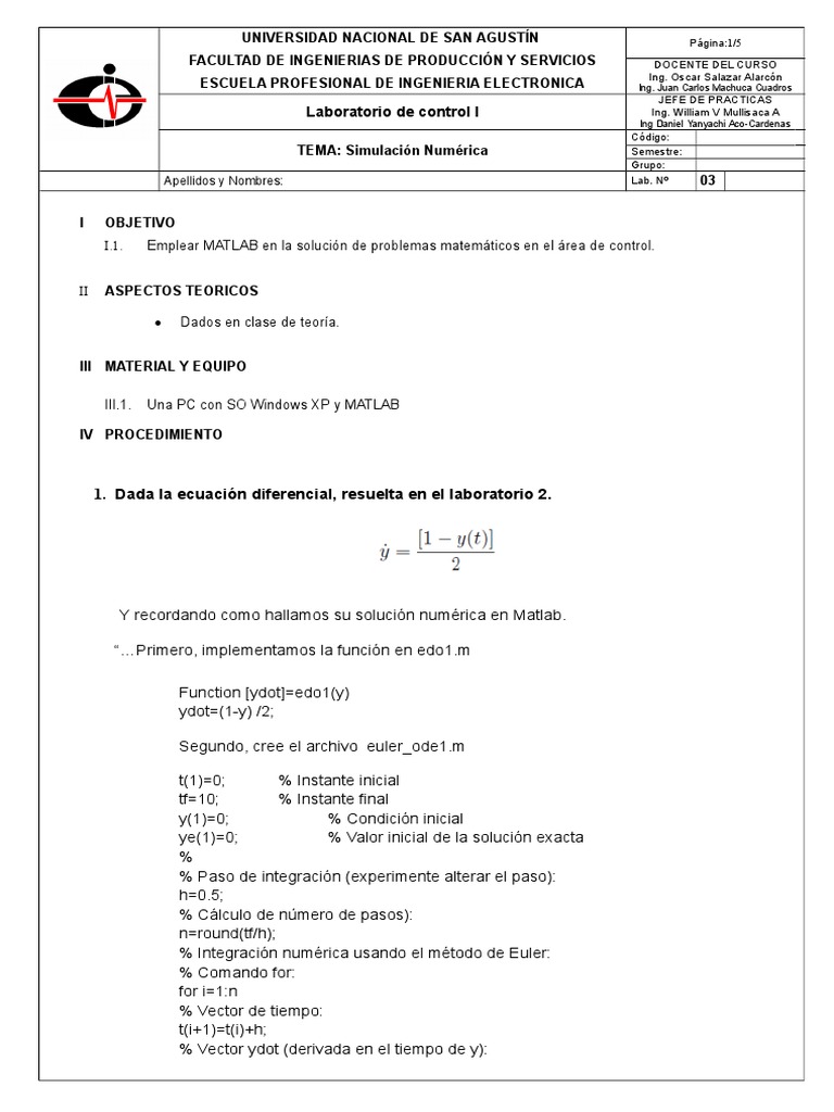 Lab Nº3 - SIMULACION NUMERICA | PDF | Ecuaciones diferenciales | Ecuaciones