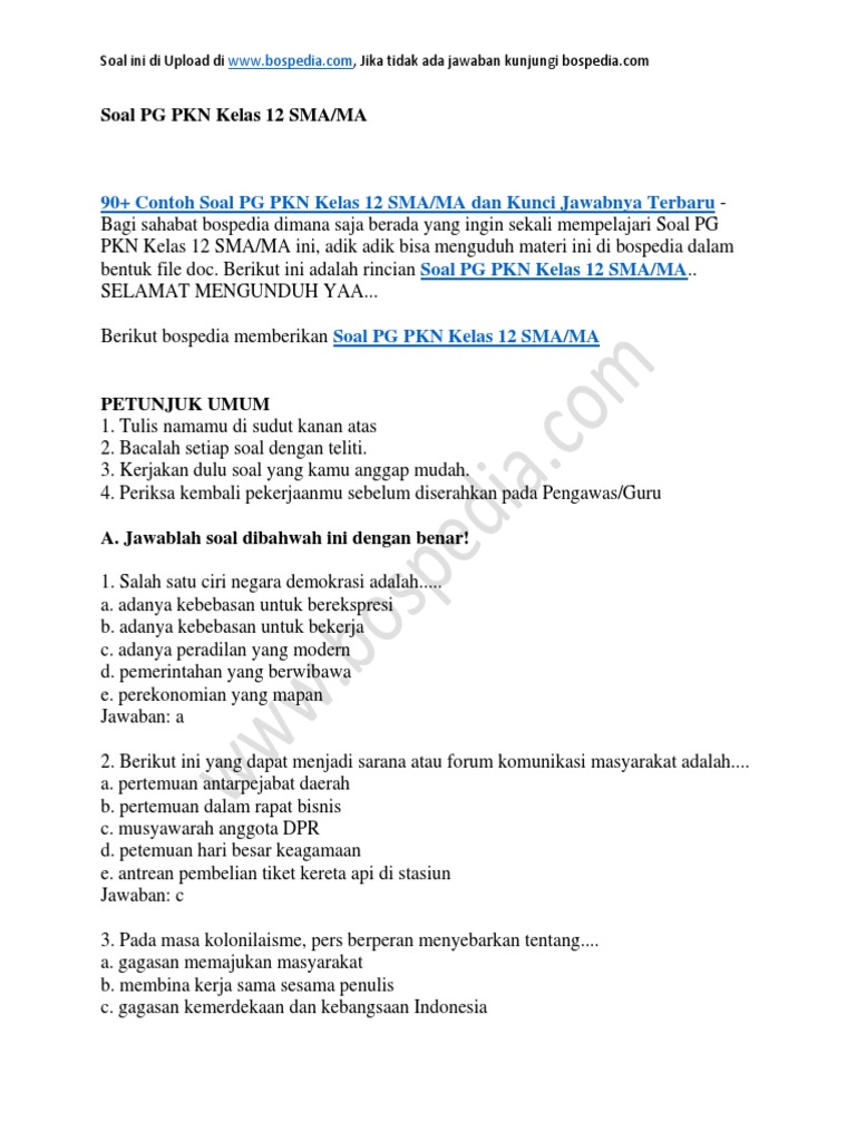 90 Contoh Soal Pg Pkn Kelas 12 Sma Ma Dan Kunci Jawabnya Docx