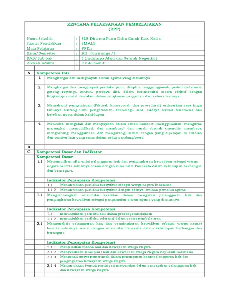 2 Contoh Inspirasi RPP PPKN Kelas Xii Tunarungu | PDF