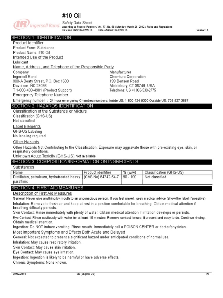 Safety Data Sheet for 10 Oil Lubricant Physical and Chemical