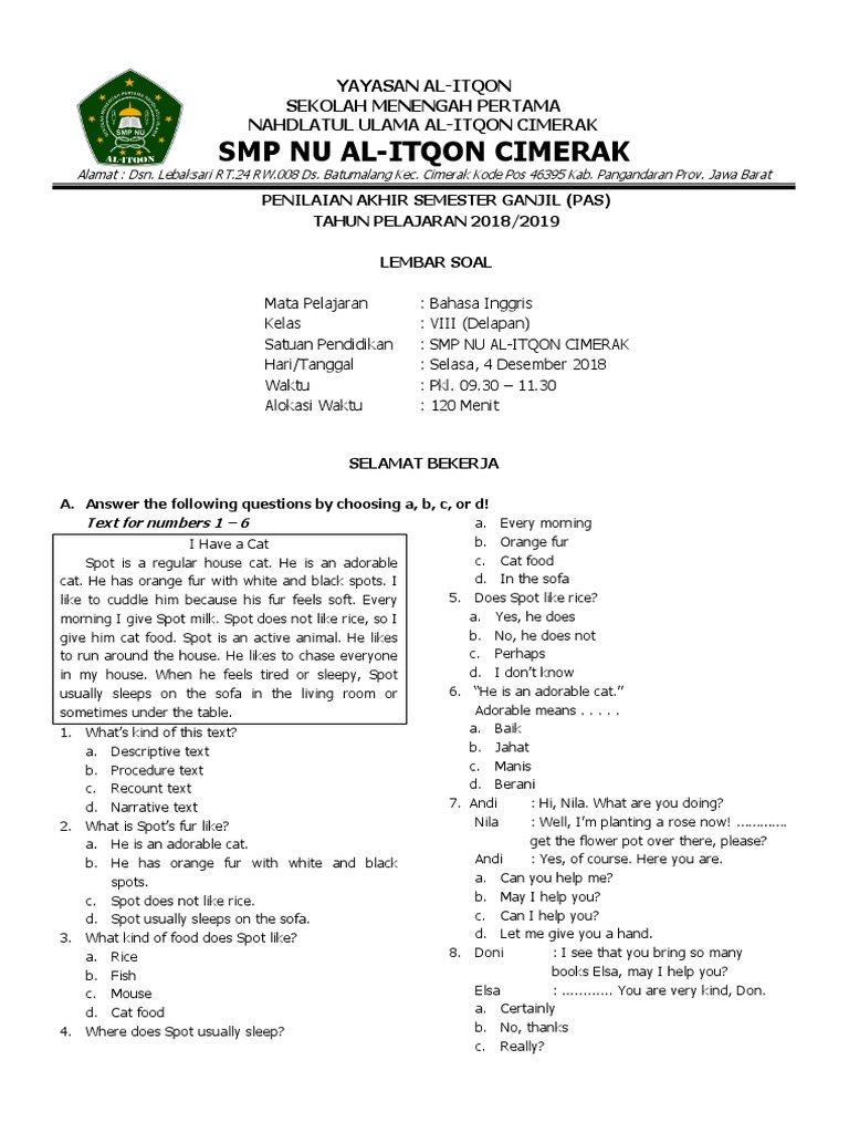 Soal B Inggris Kelas 8 Sem 1 Pdf Food And Drink Nature