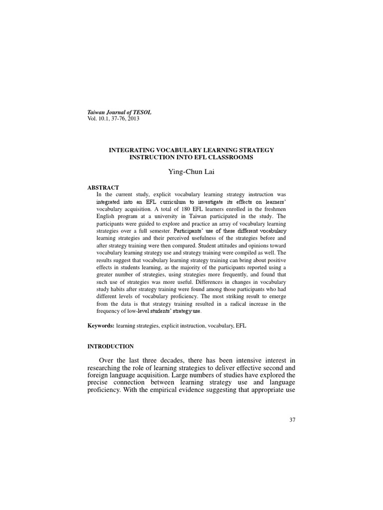 Vocabulary Learning Strategies in EFL | PDF | English As A Second Or ...