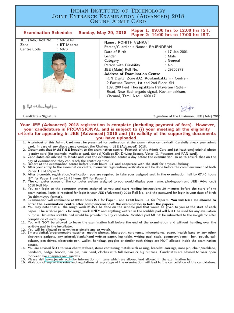 JEE Advanced 2018 Admit Card Details | PDF | Identity Document ...