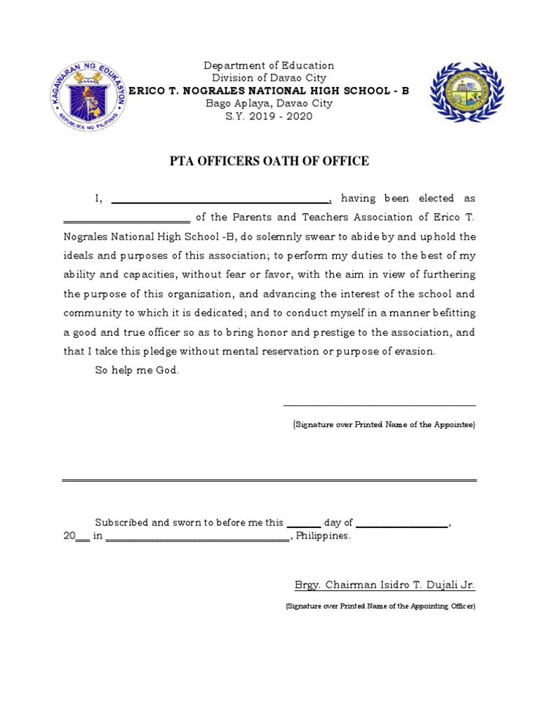 PTA Officers Oath of Office Sample | PDF | Career & Growth | Business