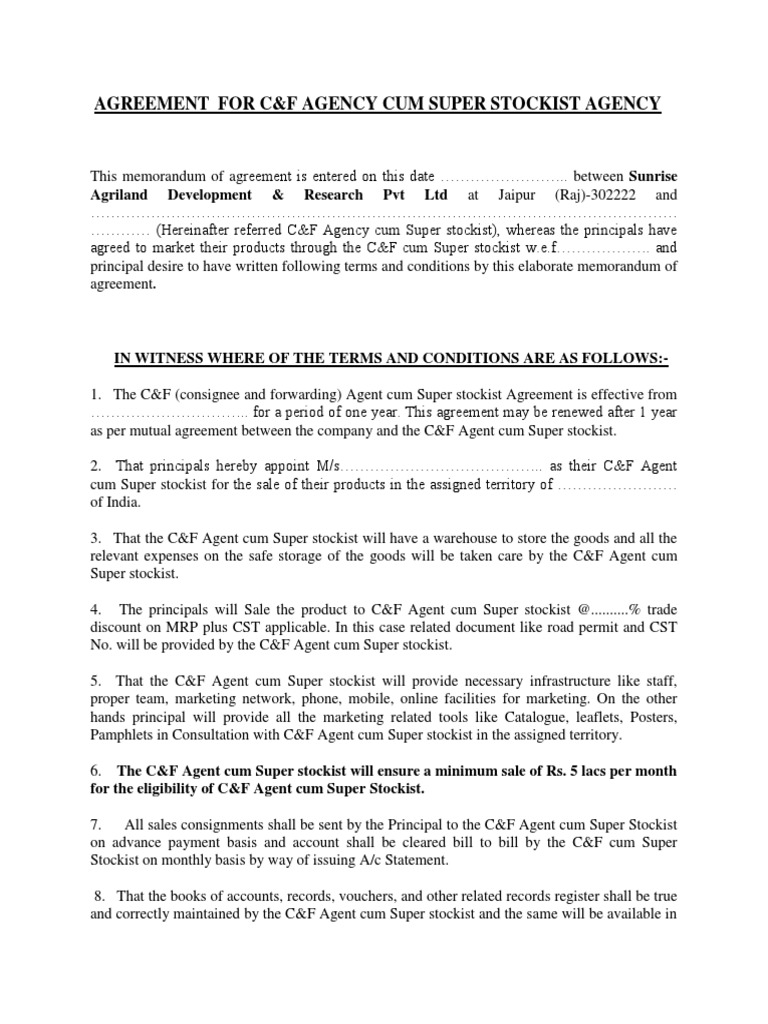 C&amp;F - Agreement For Super Stockist General PDF | PDF | Taxes 