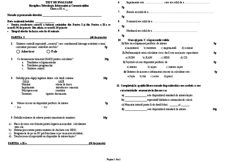 Test - Evaluare - Initiala TIC - Clasa 9 | PDF