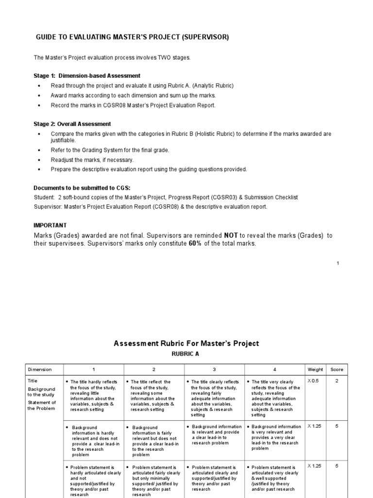 Guide To Evaluating Master'S Project (Supervisor) : Stage 1: Dimension ...