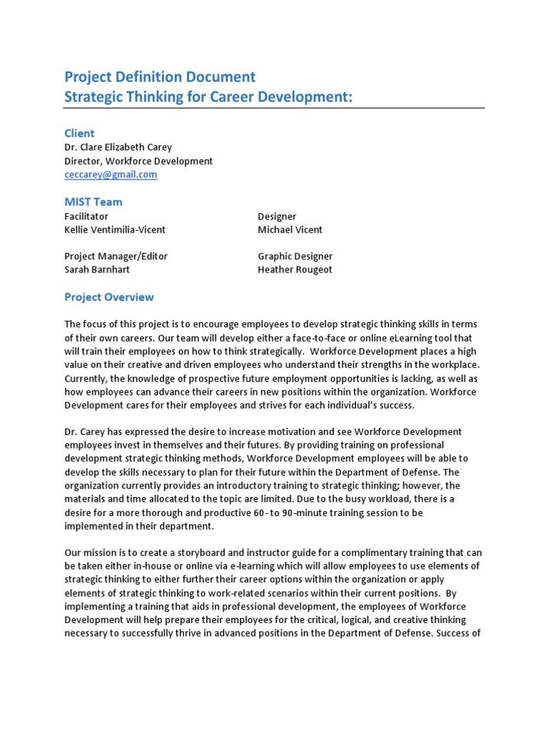 Project definition document strategic thinking for career development workforce development 