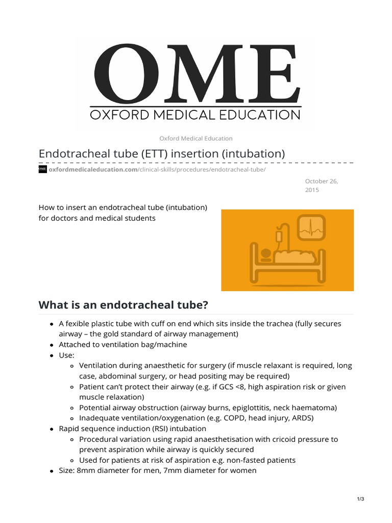 Endotracheal Tube ETT Insertion Intubation | PDF | Surgical Specialties ...