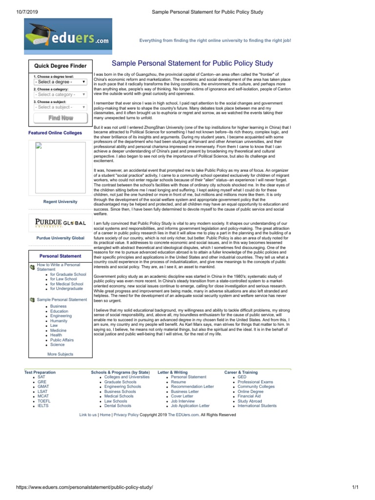 Sample Personal Statement For Public Policy Study: Quick Degree Finder ...