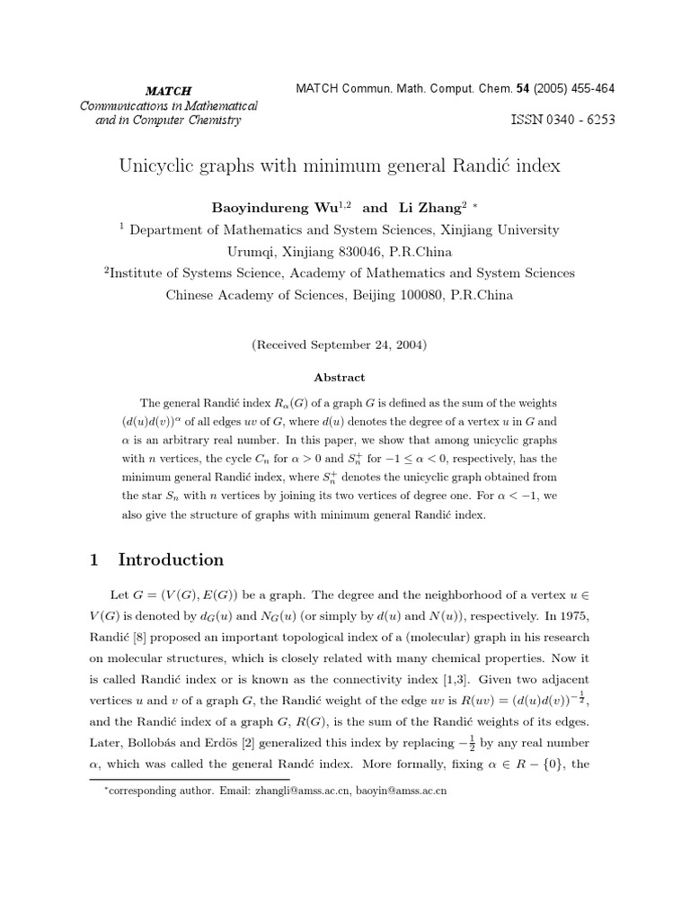 Unicyclic Graphs With Minimum General Randic Index PDF Vertex (Graph Theory) Graph Theory