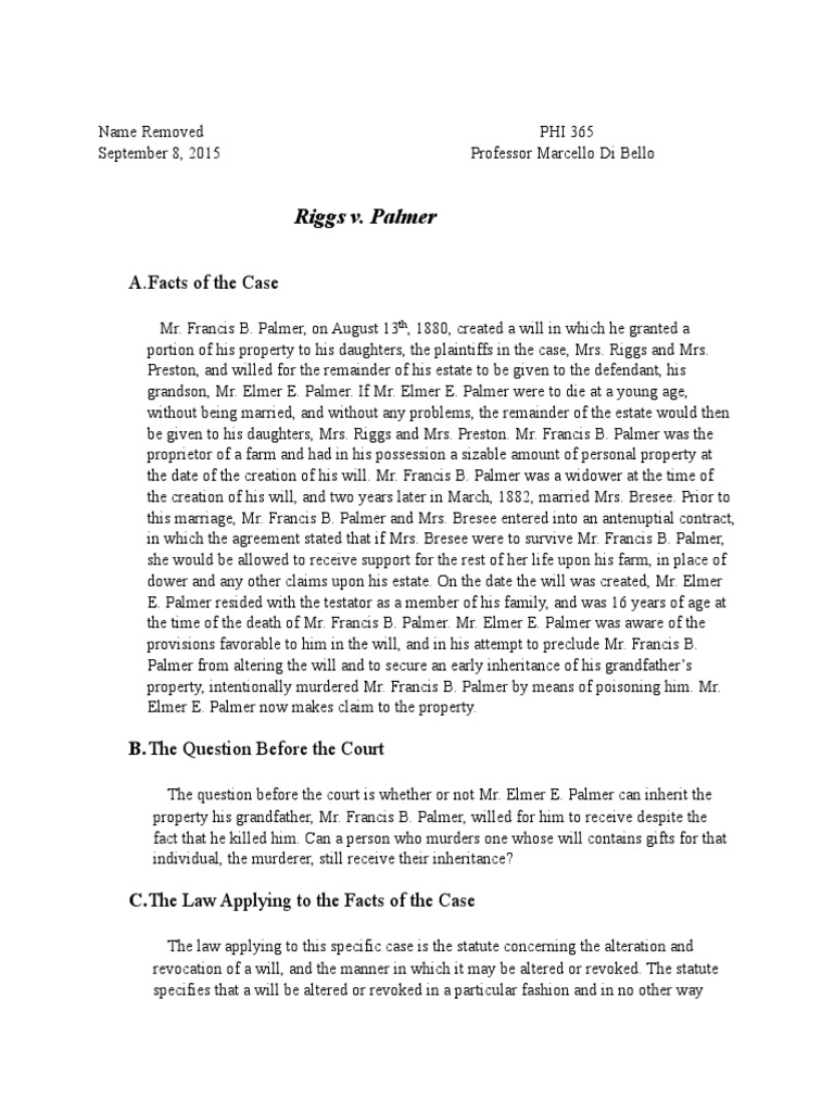 Riggs v. Palmer: A.Facts of The Case | PDF | Will And Testament ...