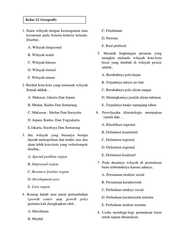 Soal Geografi Kelas 12