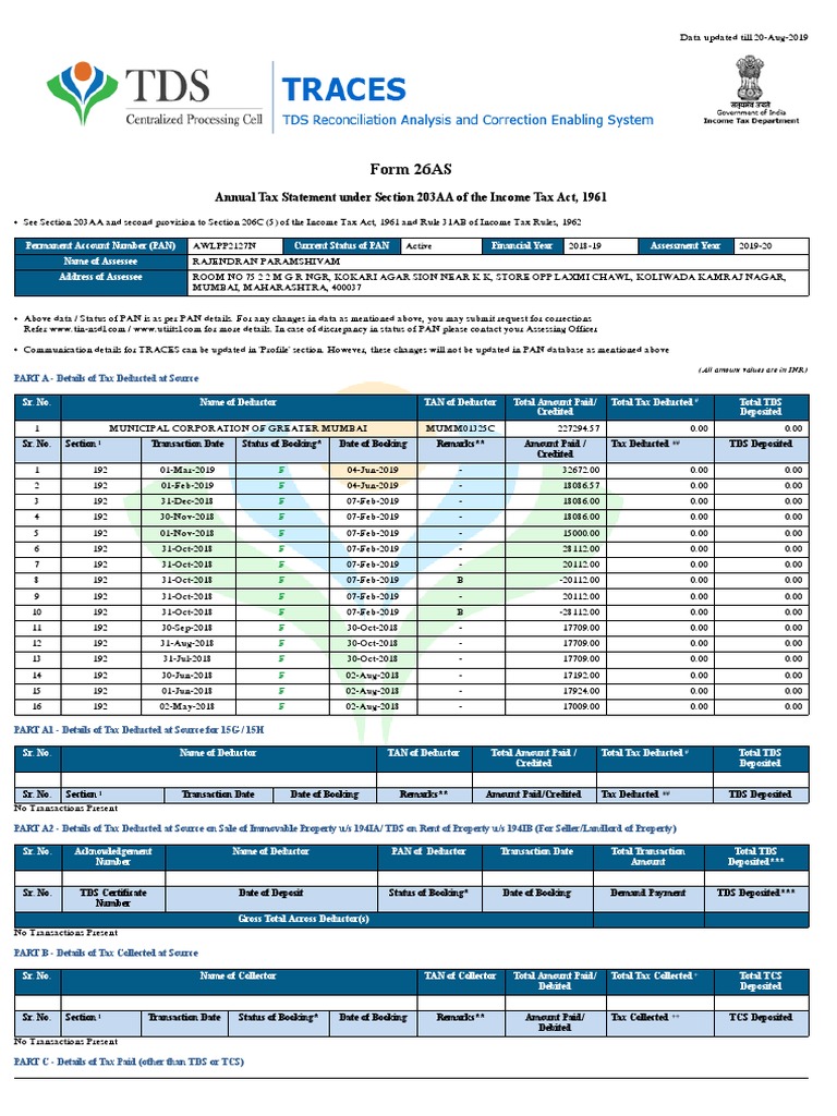 Form 26AS Overview for AY 2019-20 | PDF | Taxes | Credit Card
