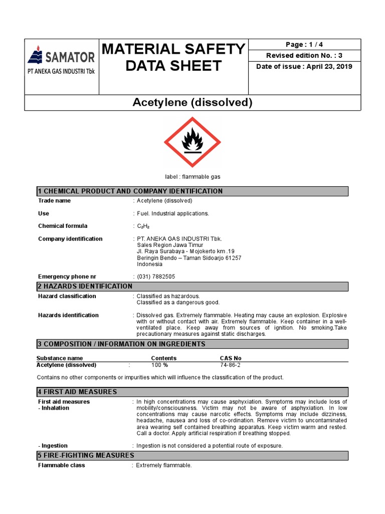 Material Safety Data Sheet Acetylene (Dissolved) PDF Combustion