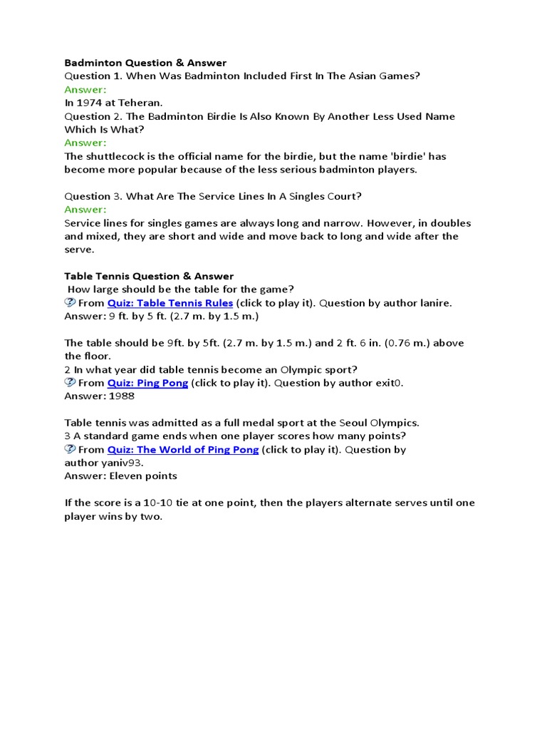 Badminton Question & Answer PDF