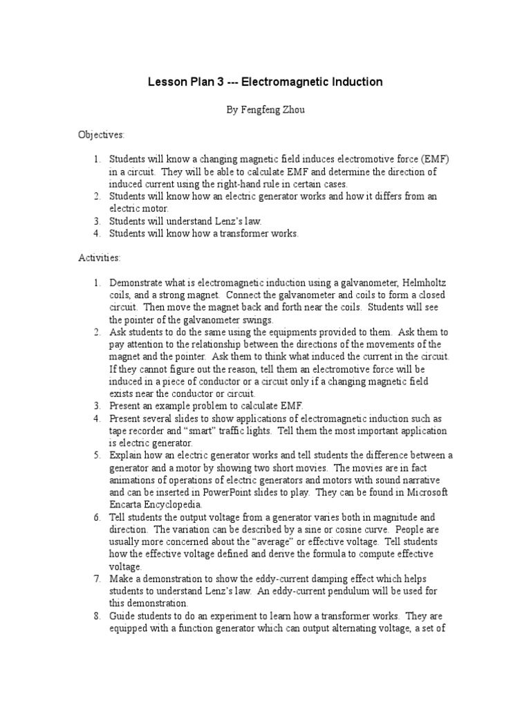 Electromagnetic Induction Lesson Plan | PDF | Electromagnetic Induction ...