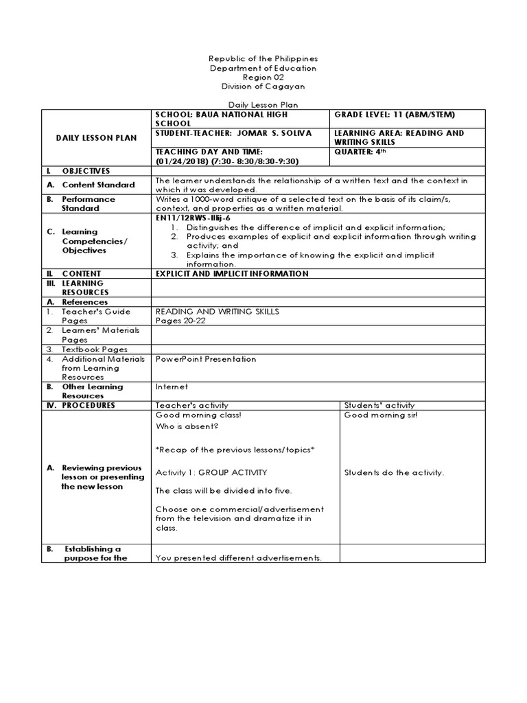 Daily Lesson Plan: Reading Skills 11 | PDF | Lesson Plan | Teaching