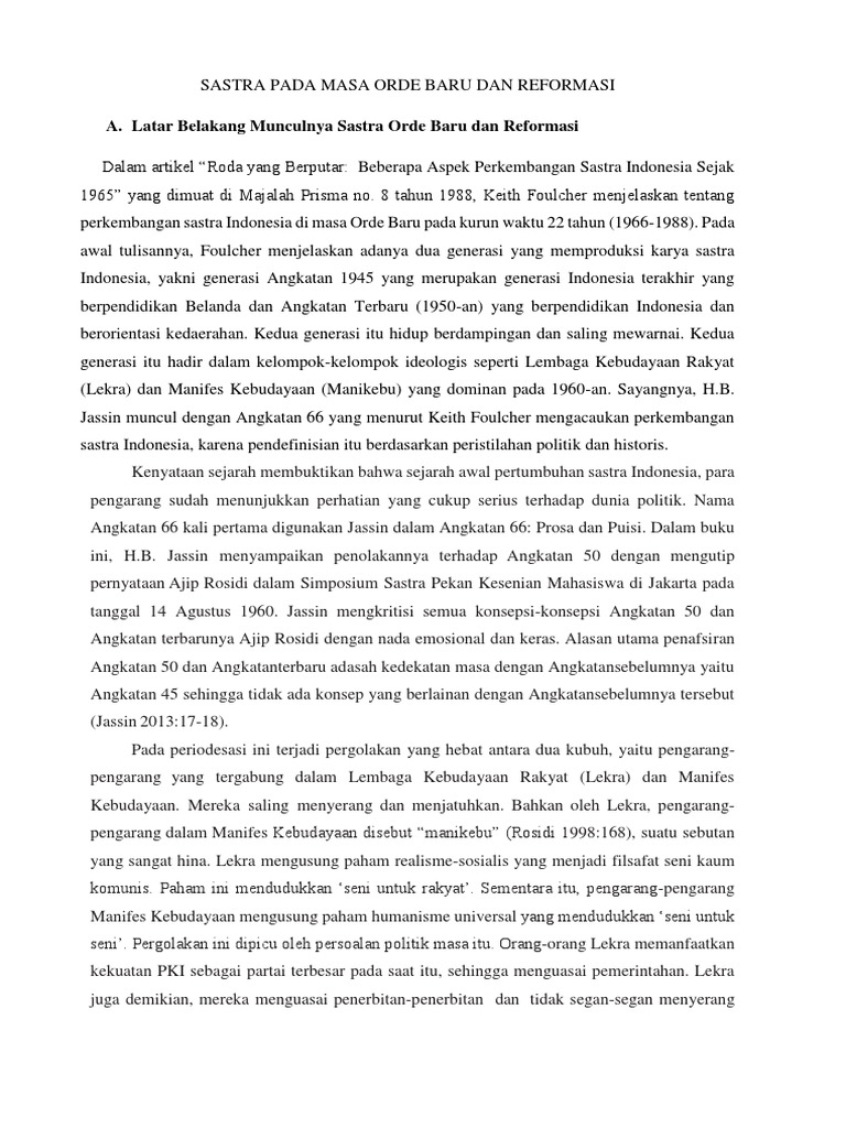 Sastra Pada Masa Orde Baru Dan Reformasi