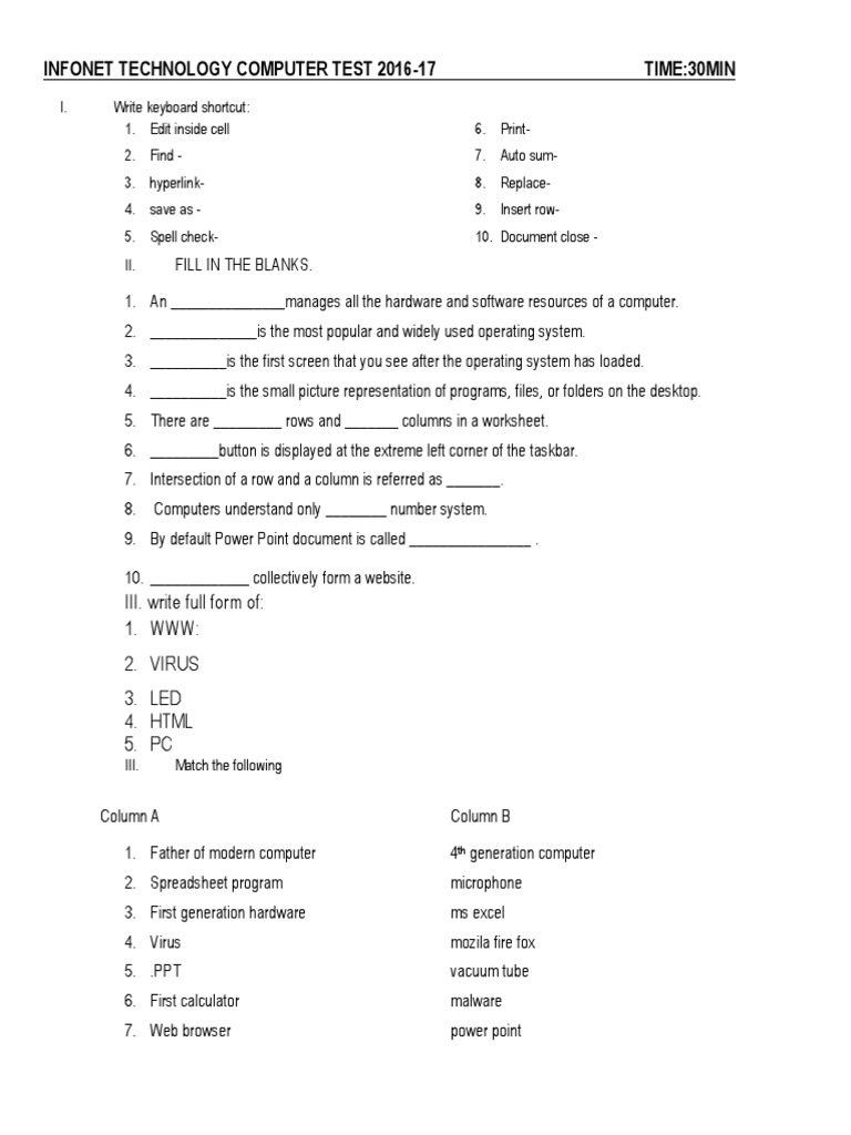 Computer Test: Keyboard Shortcuts & Basics | PDF | Microsoft Windows ...