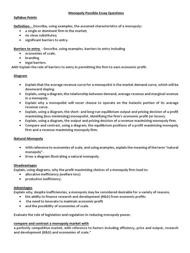Monopoly Essay Questions and Analysis | PDF | Monopoly | Perfect ...