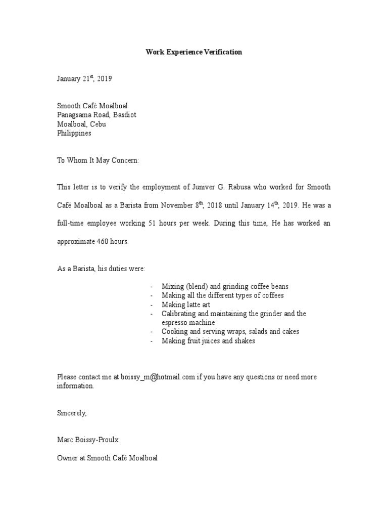 Work Experience Verification Template | PDF | Cooking, Food & Wine ...