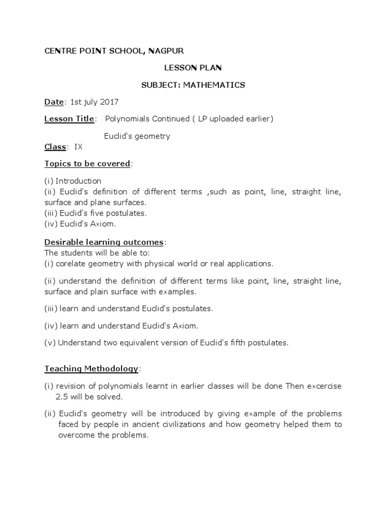 Euclid's Geometry Lesson Plan for Class IX | PDF | Teaching Methods ...