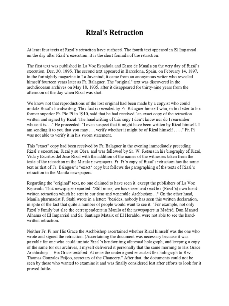 Analyzing Rizal's Retraction Texts | PDF | History | Religion ...