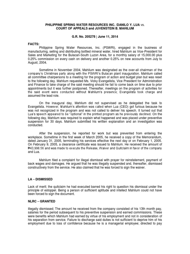 Philippine Spring Water vs. CA | PDF | Employment | Wage