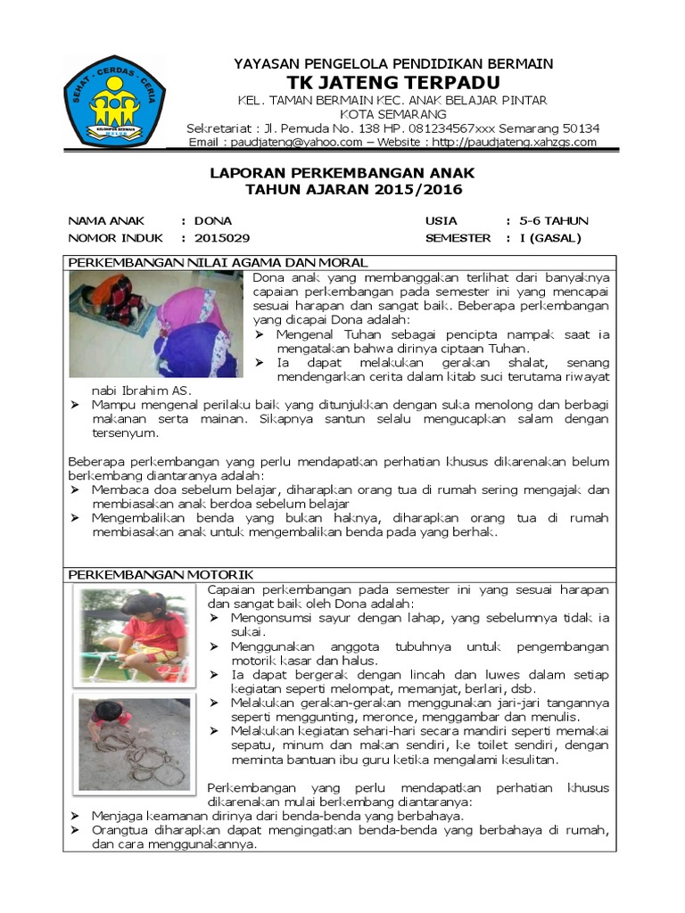 Contoh Raport Paud Laporan Semester Laporan Perkembangan Anak Pdf