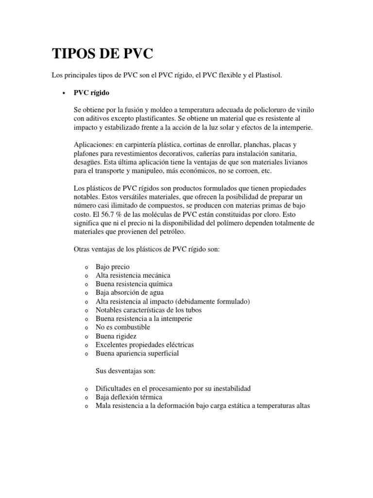 Tipos de PVC Wikipedia PDF Cloruro de polivinilo El plastico