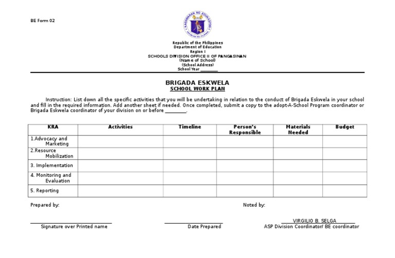 Brigada Eskwela School Work Plan Template | PDF