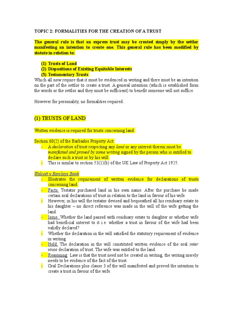 Formalities of A Trust Trust Law English Trust Law