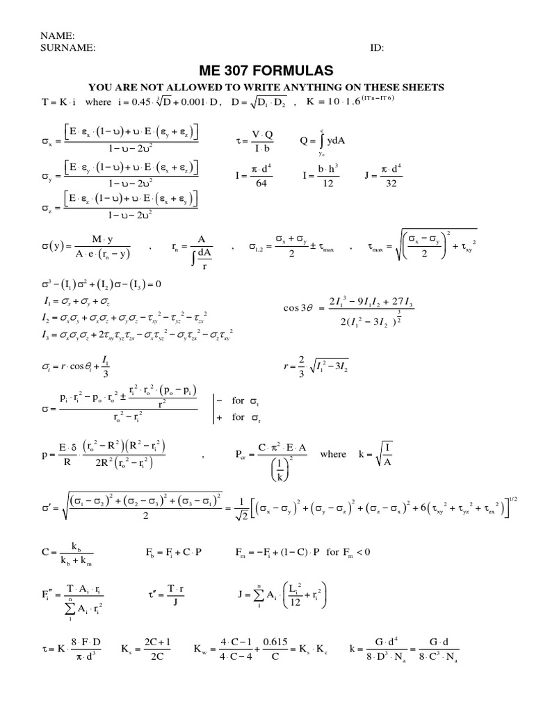 ME 307 Mechanics Formulas Guide | PDF | Mechanical Engineering ...