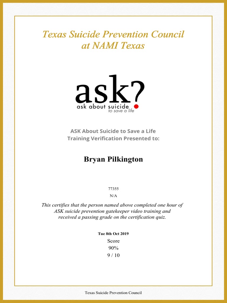 ASK Suicide Prevention Training Certificate | PDF