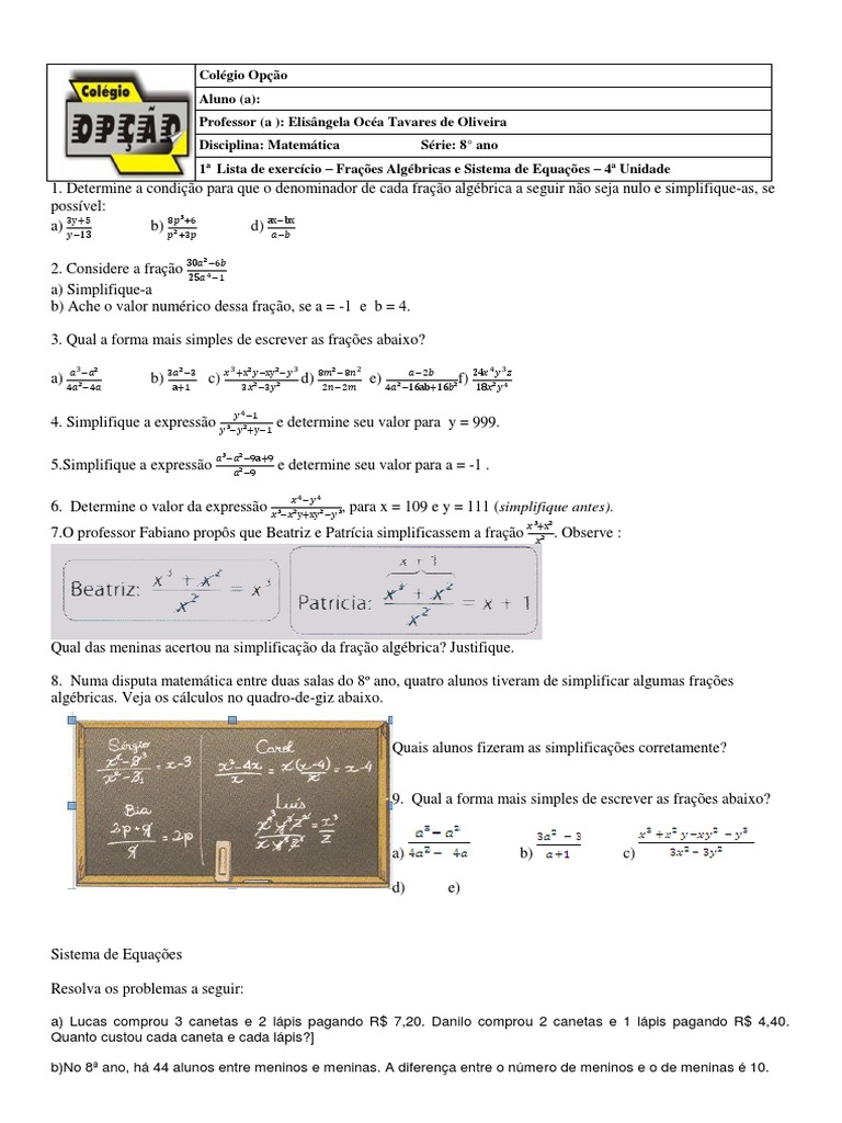 1 Lista de Exercicio 4 Unidade Fracoes e Sistema 8 Ano | Fração