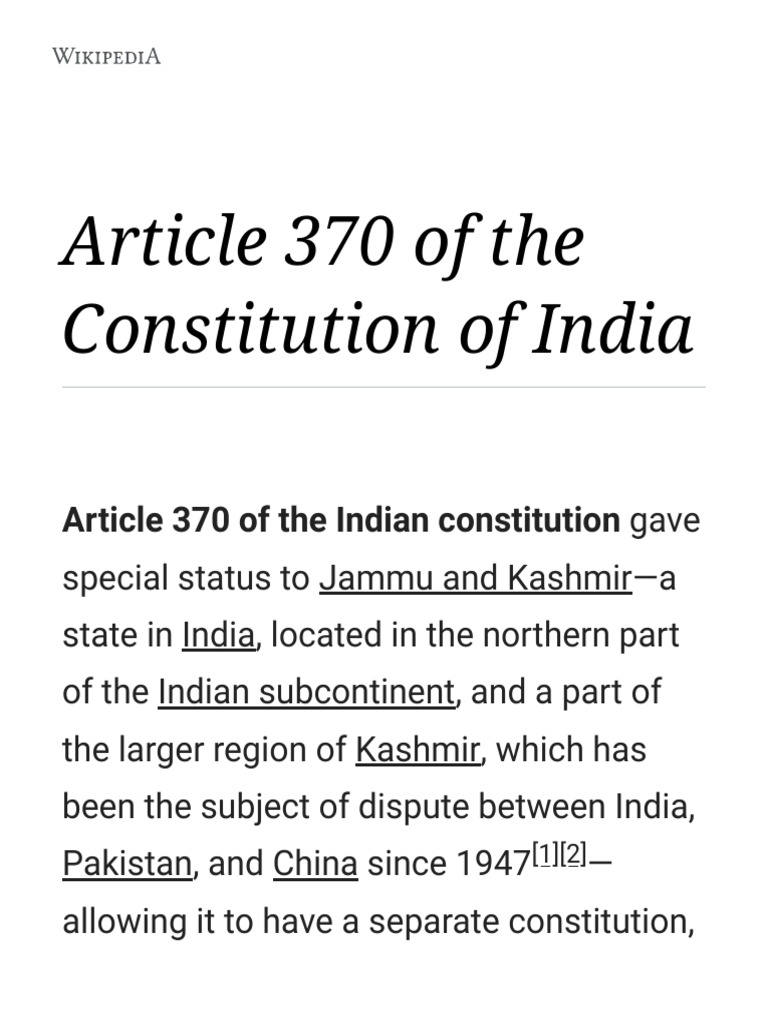 Article 370 of The Constitution of India - Wikipedia | PDF | Government ...
