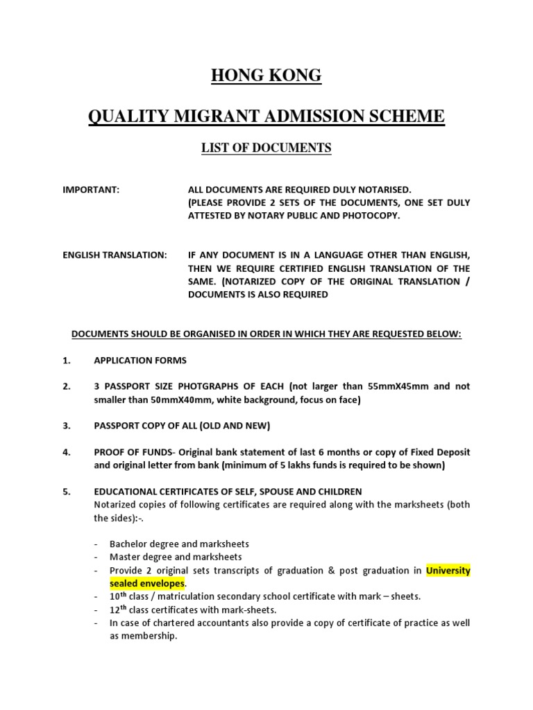Hong Kong Quality Migrant Admission Scheme List of Documents PDF
