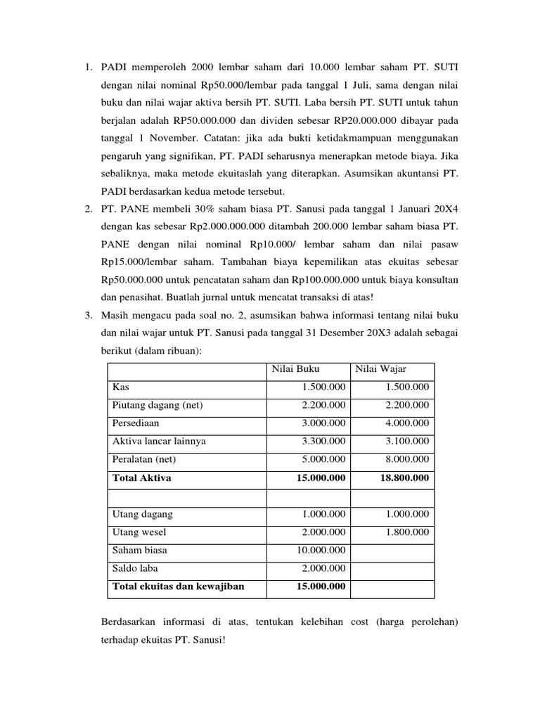 Contoh Soal Cost Method Dan Equity Method Soal Dan Jawaban Pdf