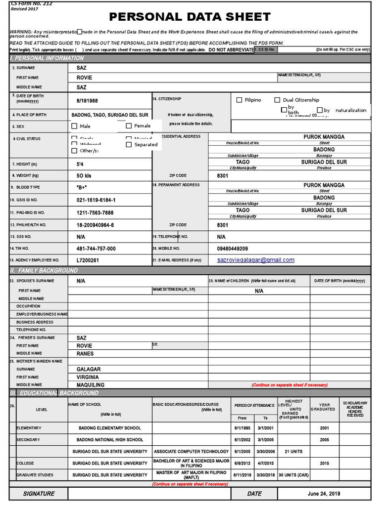 CS Form No. 212 Revised Personal Data Sheet 2 New With PICS PDF
