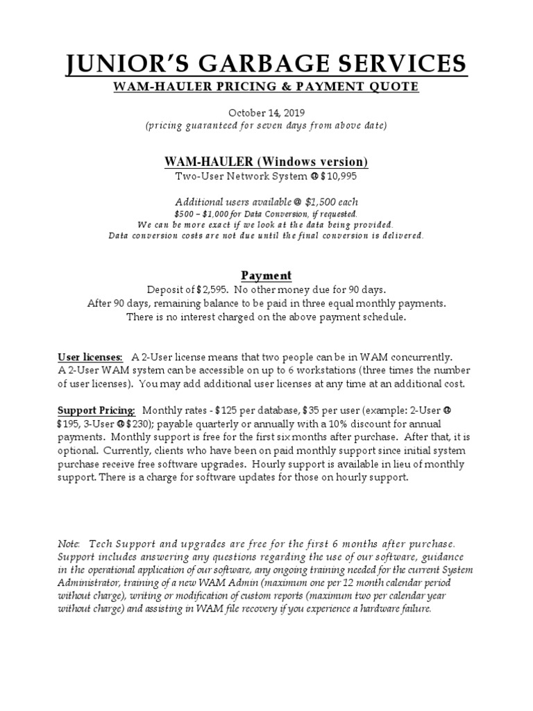 Junior'S Garbage Services: Wam-Hauler Pricing & Payment Quote | PDF
