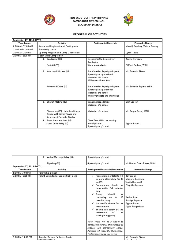 Program of Activities for the Boy Scouts of the Philippines Zamboanga