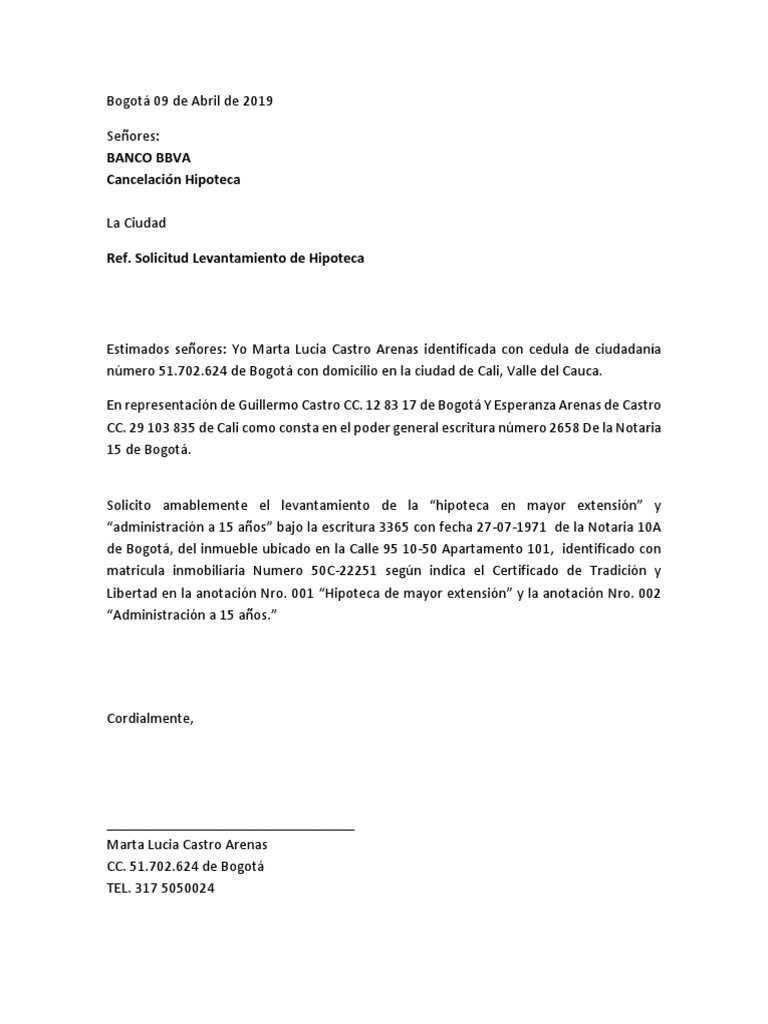 Carta Solicitud Levantamiento de Hipoteca Bbva