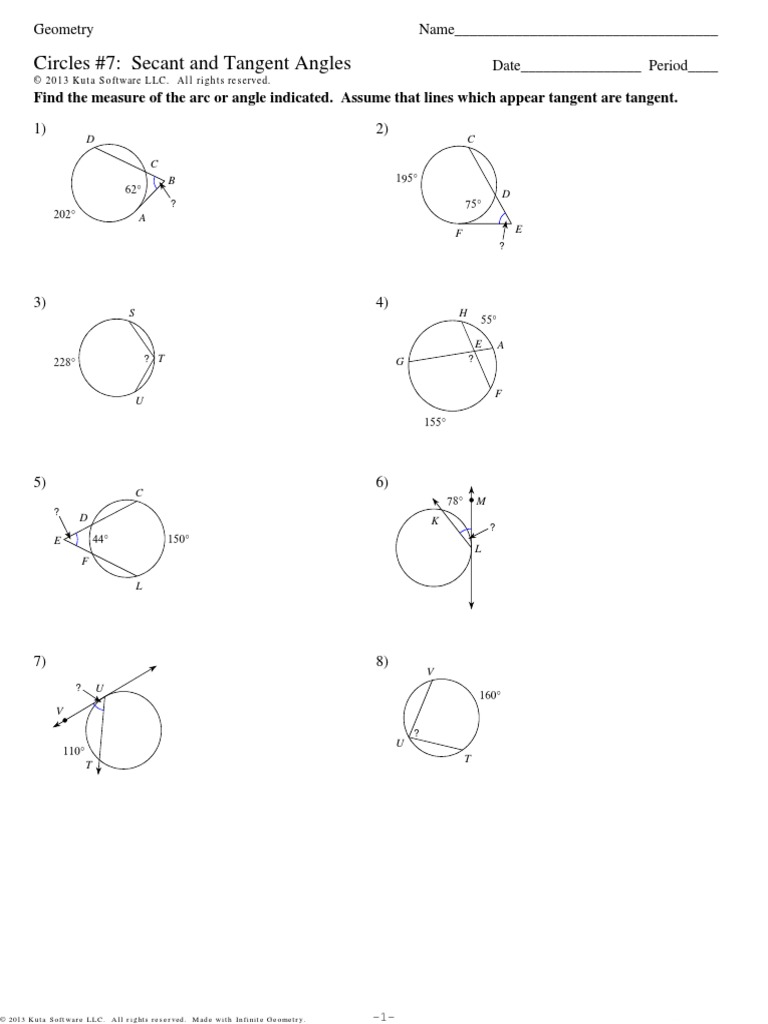 10.6 Worksheet Circles 7 Secant and Tangent Angles | PDF | Tangent | Angle