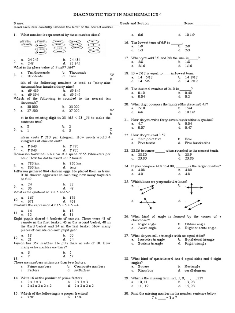 Diagnostic Test in Mathematics 4 PDF Elementary Geometry Teaching