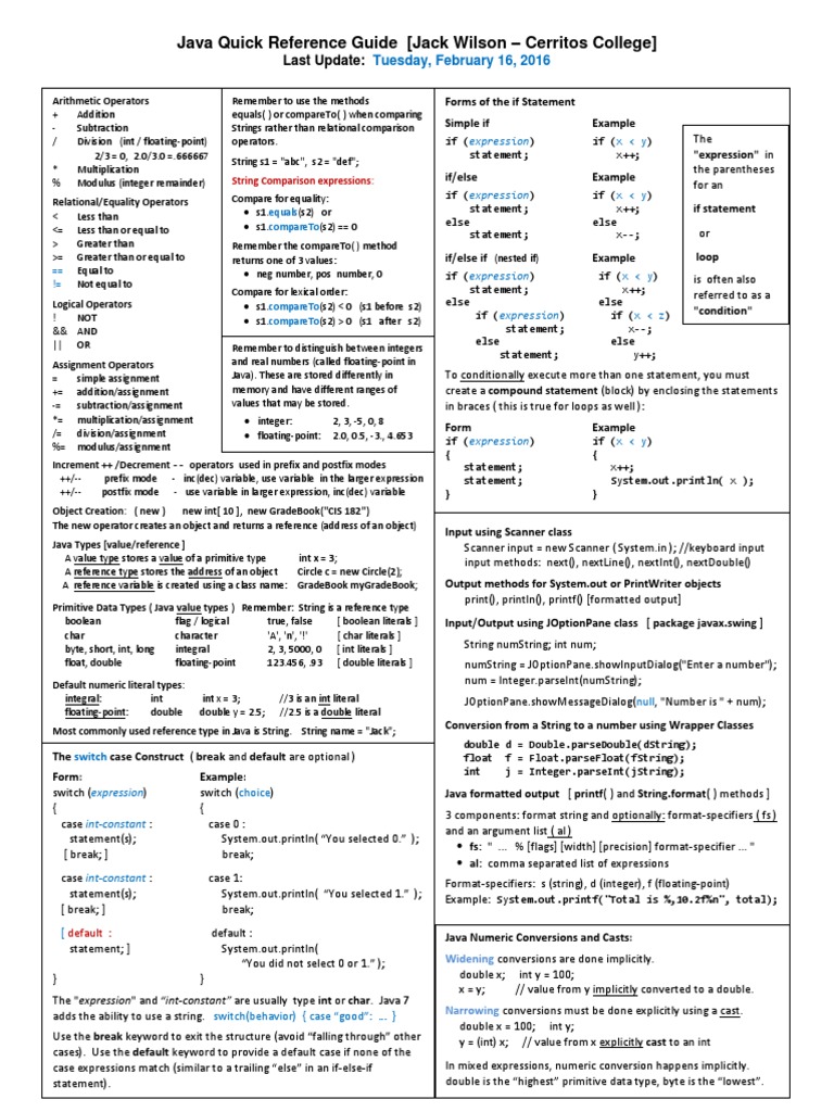 Java Quick Reference Guide | PDF | Data Type | Integer (Computer Science)