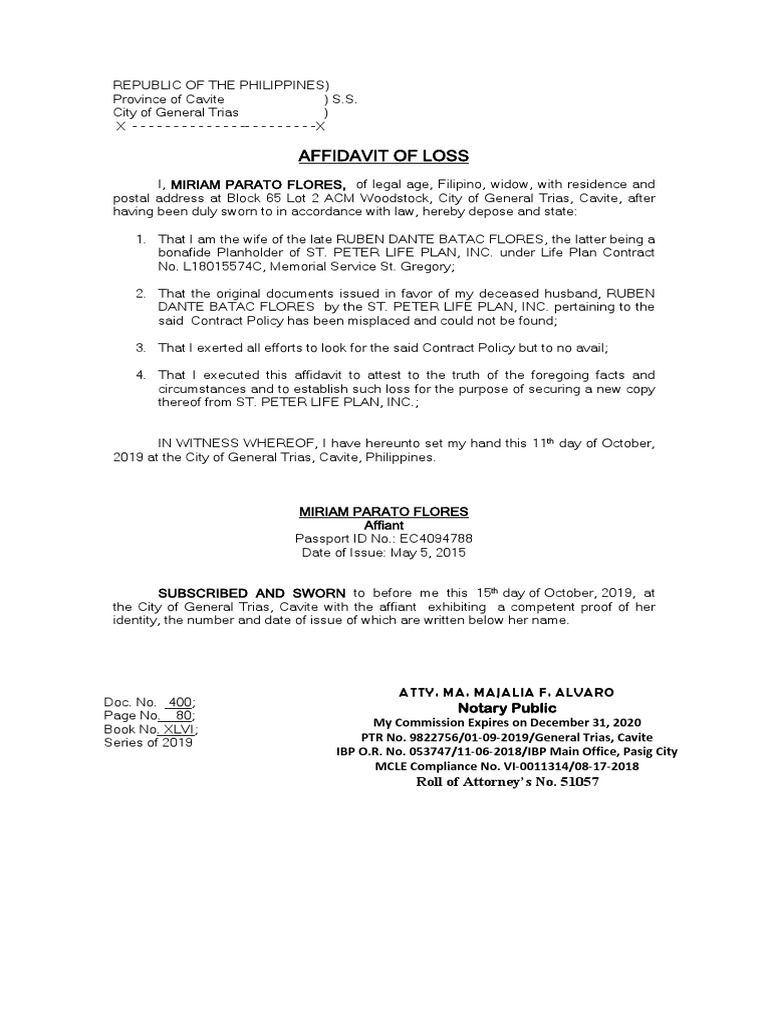 Affidavit Of Loss Atty. Ma. Majalia F. Alvaro Notary Public