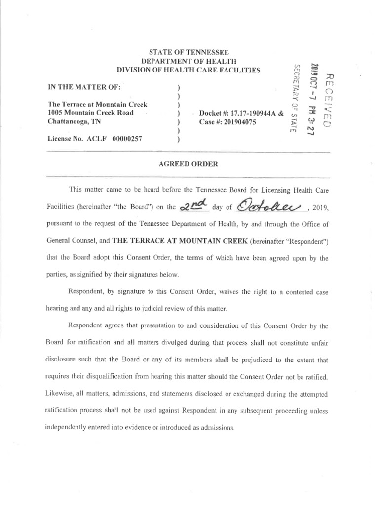 TN Dept of Health Consent Order to the Terrace at Mountain Creek