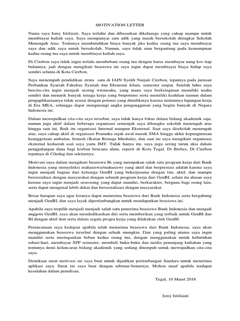 Motivation Letter Beasiswa PDF | PDF