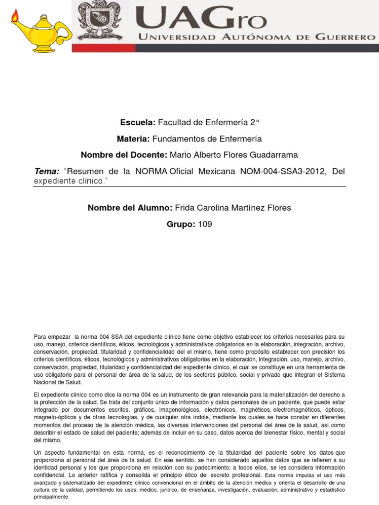 Resumen de La NORMA Oficial Mexicana NOM004SSA32012 Del